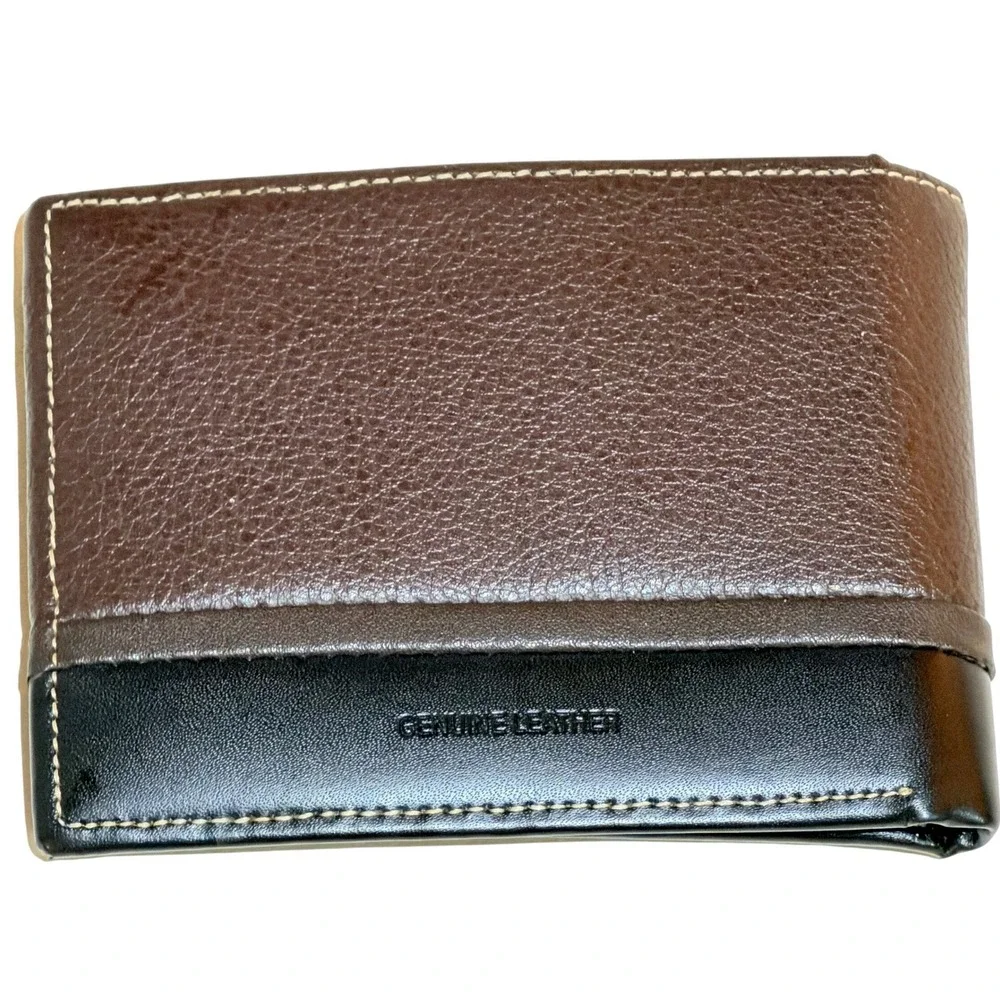 Perry Ellis Wallet Mens Brown Black Genuine Leather Bifold Card Slots Minimalist